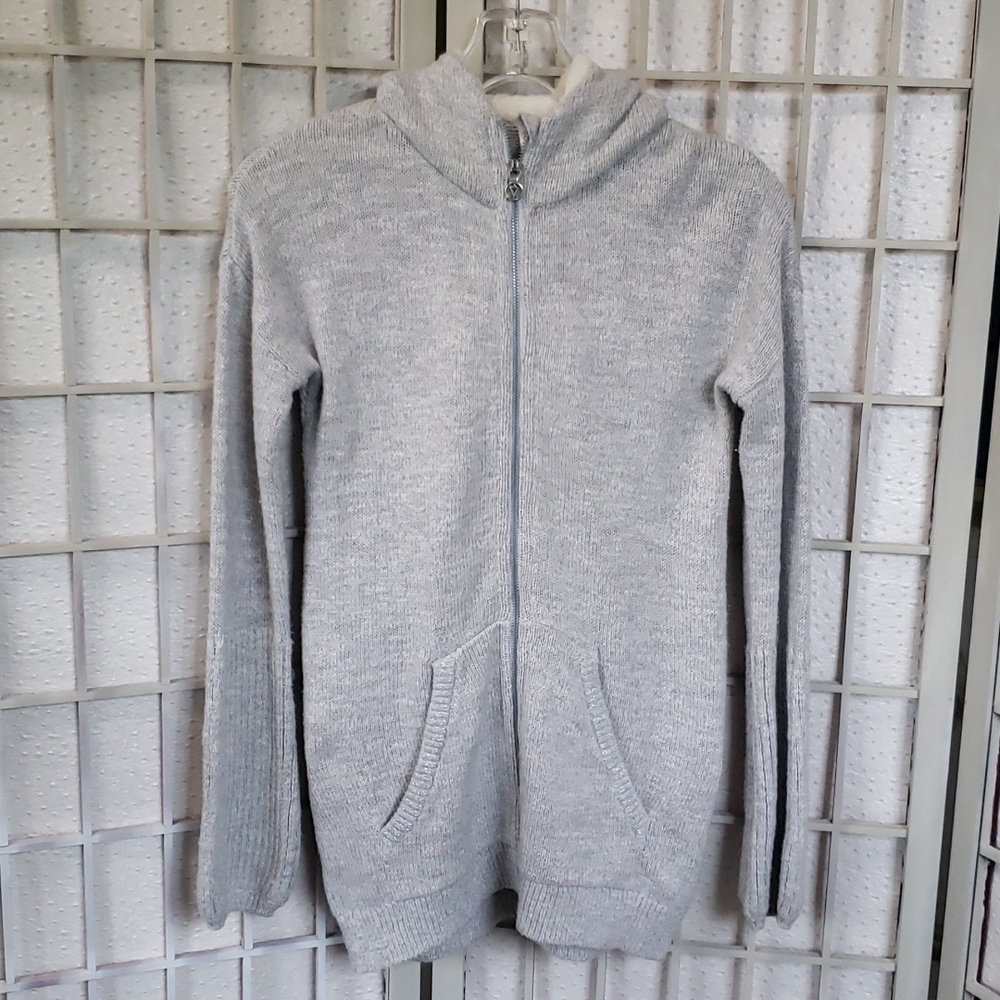 Ivivva Girls Gray and Cream Faux Fur Long Sweater Hoodie Size 12